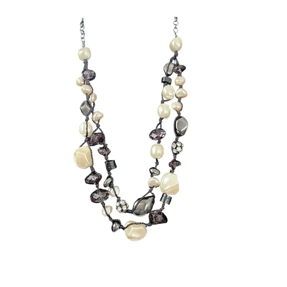 Chico’s Necklace Faux White Gray Pearls Gunmetal Rhinestones Chunky 16